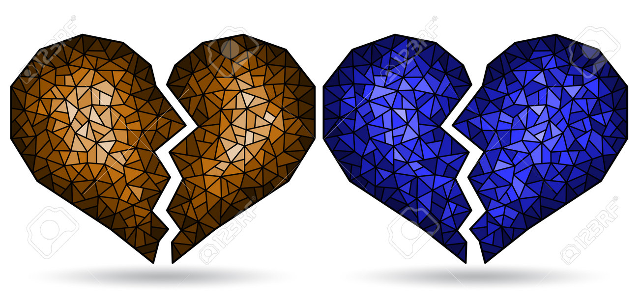 Set Of Illustrations In Stained Glass Style With Abstract Broken Hearts,  Isolated On A White Background, Tone Blue And Brown Royalty Free SVG,  Cliparts, Vectors, and Stock Illustration. Image 203544124., image size:1300x607