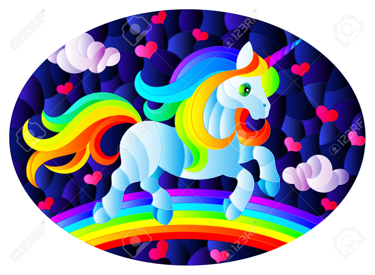 草原を駆け回るユニコーン ヴィンテージ ステンドグラス 城と自然と鳥