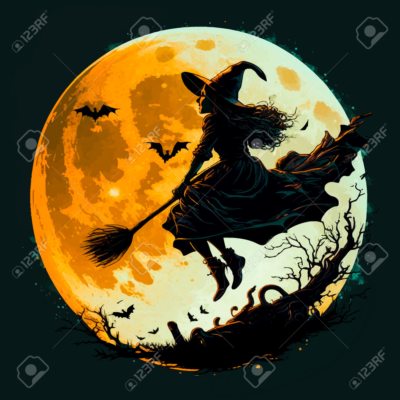 Vetores de Bruxas Fofas De Halloween Voando Em Vassoura No Céu