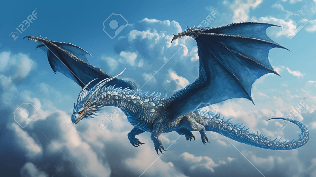 Fierce Ice Blue Fantasy Dragon Flying In The Sky With Clouds. Tall And  Proud With Its Wings Spread Wide. Full Body. Mythical Creatures. Ancient  Reptile. Digital Painting Stock Photo, Picture and Royalty, image size:1300x729