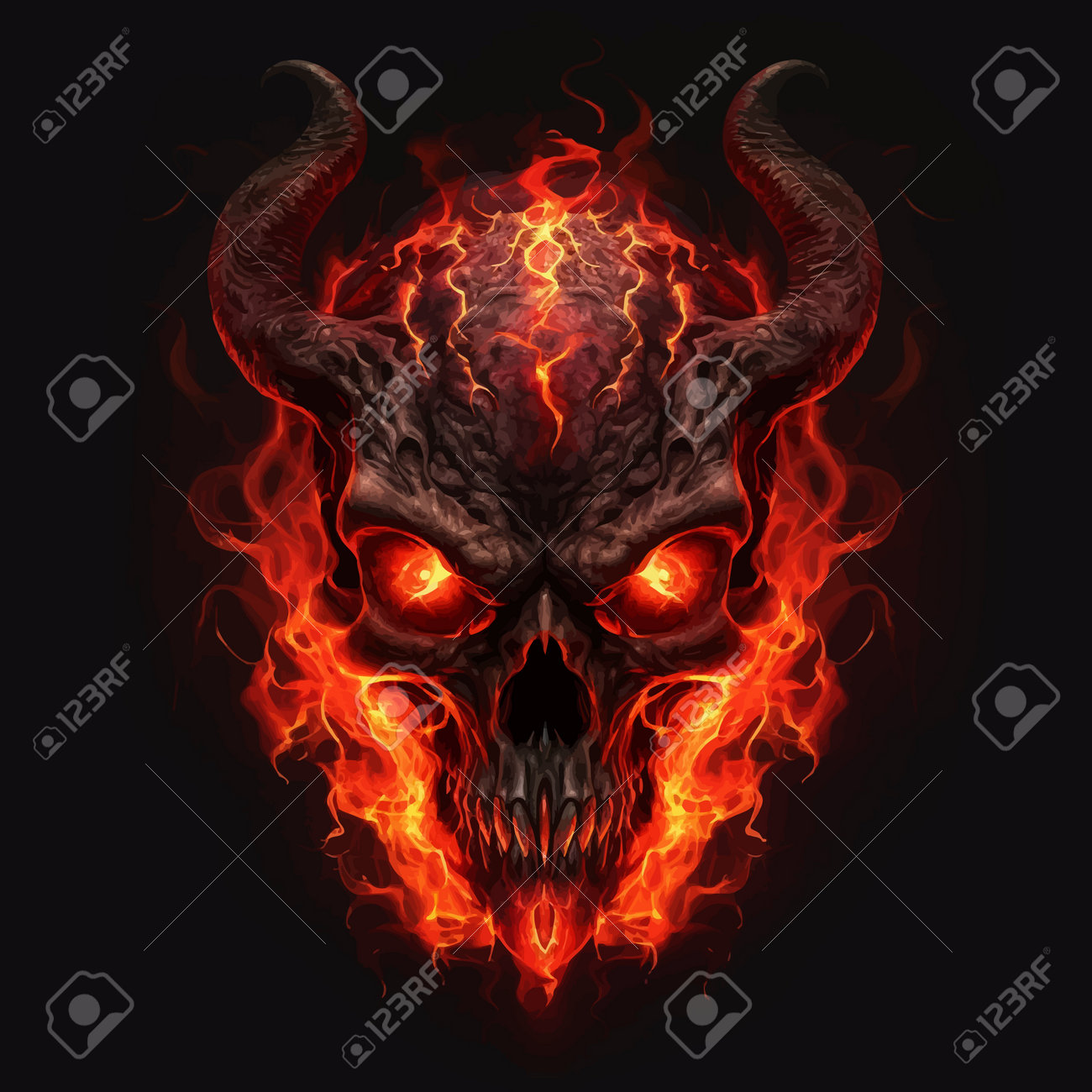 Devil Skull With Horns And Red Fire Flames. Fantasy Monster. Head Of The Fire  Demon. Lord Of Hell. The Eyes Of Satan. Isolated On Black. 3d Digital  Illustration Stock Photo, Picture and