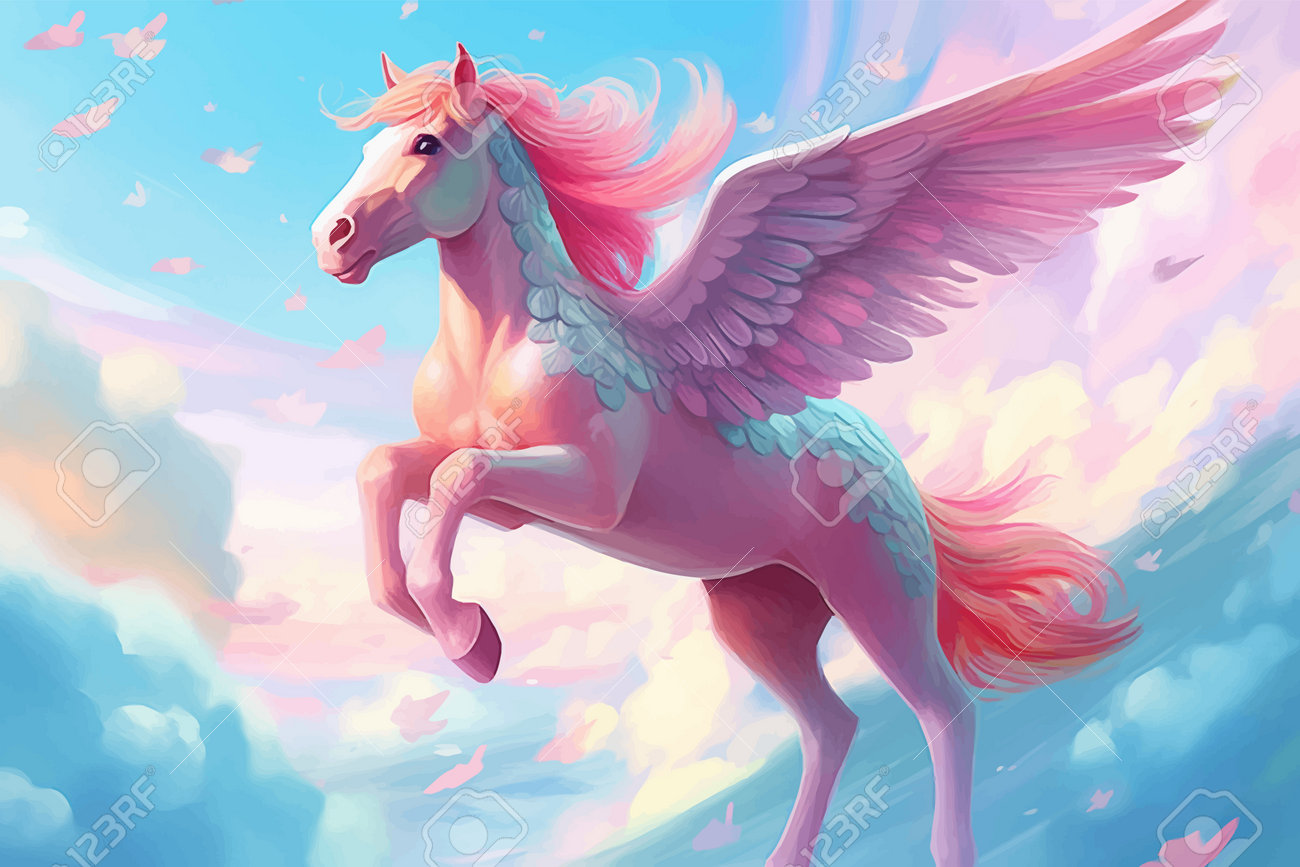 Beautiful White Pegasus Flying In The Blue Sky With Clouds. Fantastic  Multicolor Horse With Wings. Cute Funny Cartoon Character. Unicorn. Jump.  Fantasy 3D Illustration For Children 正版图像123RF中国- 高质量免版税图像库. Image 206056396