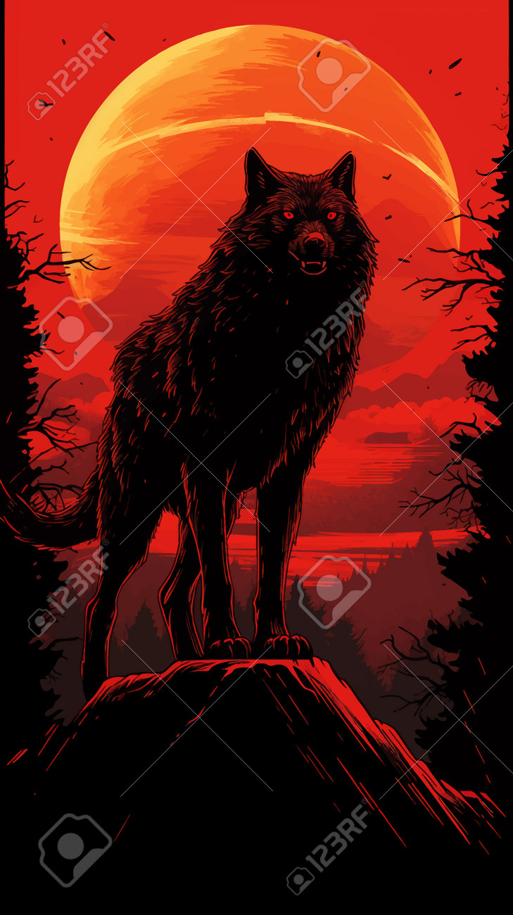 Wolf Howling At The Moon. Silhouette Of Wolf In Front Of A Full Moon.  Night. Forest. Wolf In The Mountains At Sunset. Werewolf. Blood Moon.  Vector Illustration Stock Photo, Picture and Royalty, image size:729x1300
