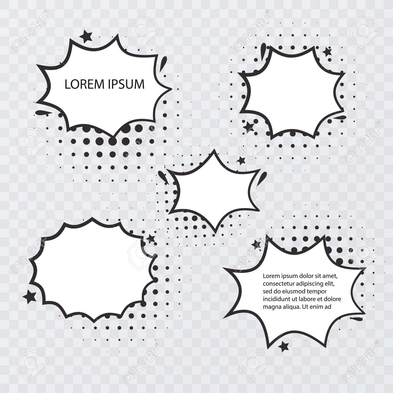 Retro empty comic bubbles and elements set with black halftone shadows on transparent background. Vintage design or pop art style, Vector format - 171607891 Retro empty comic bubbles and elements set with black halftone shadows on transparent background. Vintage design or pop art style, Vector format - 171607891