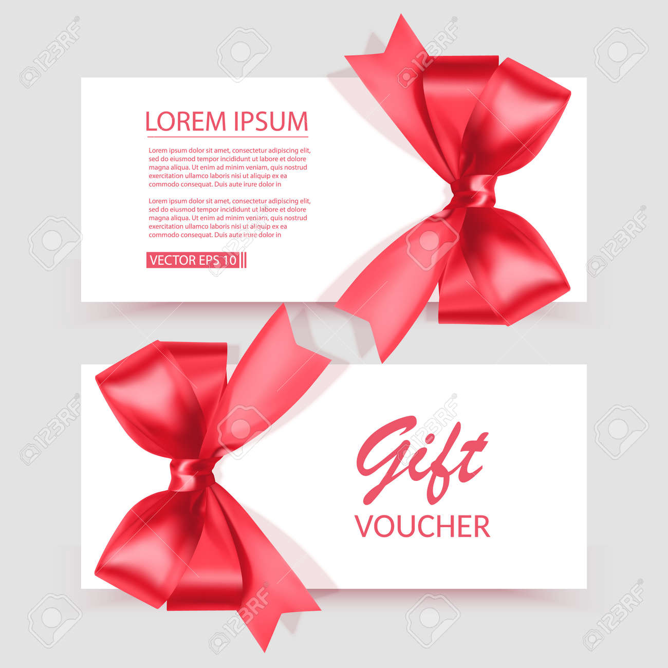 Voucher template with red bow, ribbons. Design usable for gift coupon, voucher, invitation, certificate, etc. Vector illustration - 171970916 Voucher template with red bow, ribbons. Design usable for gift coupon, voucher, invitation, certificate, etc. Vector illustration - 171970916
