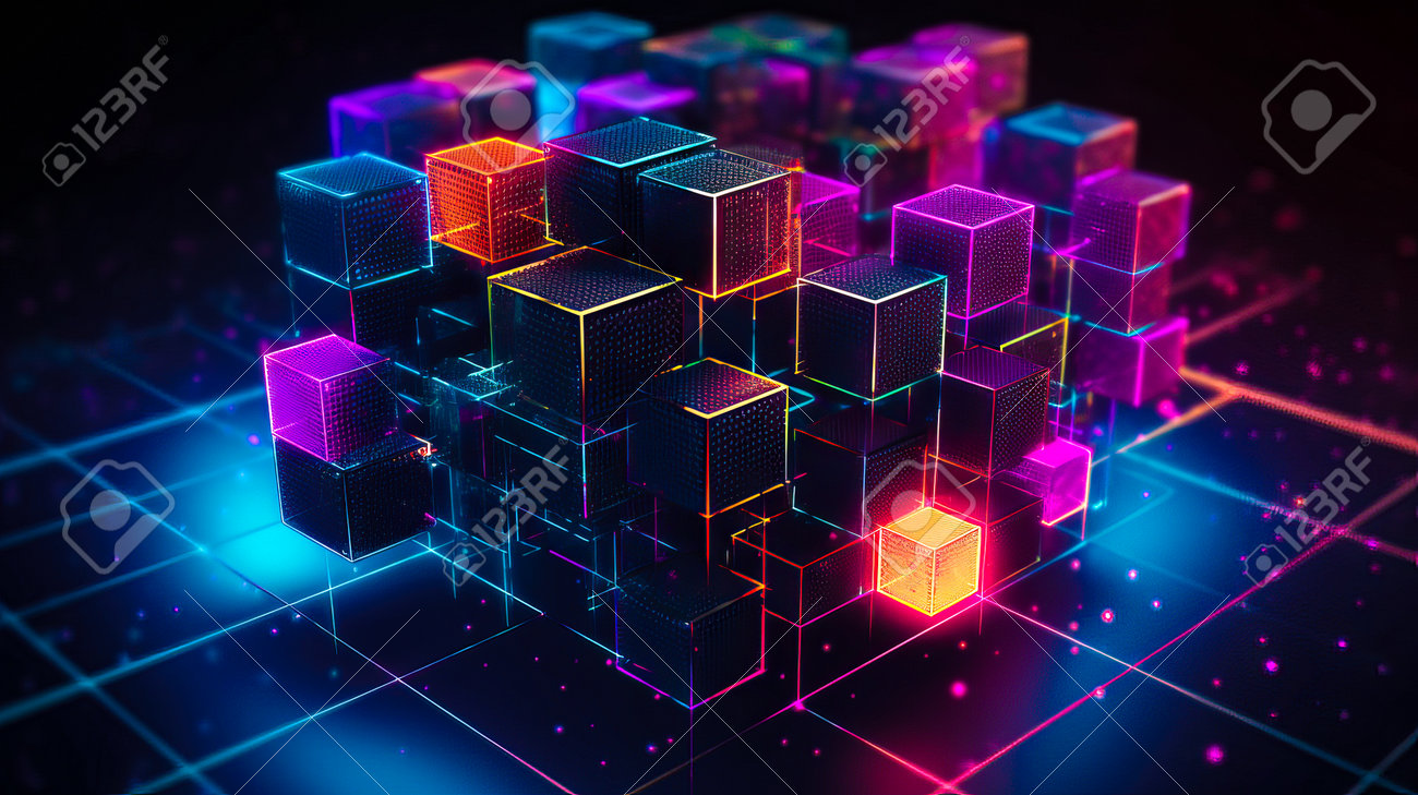 ブロックチェーンテクノロジーのアイコン。ブロックチェーンの仕組み。抽象的な背景。AI が生成されました。の写真素材・画像素材 Image  205516061