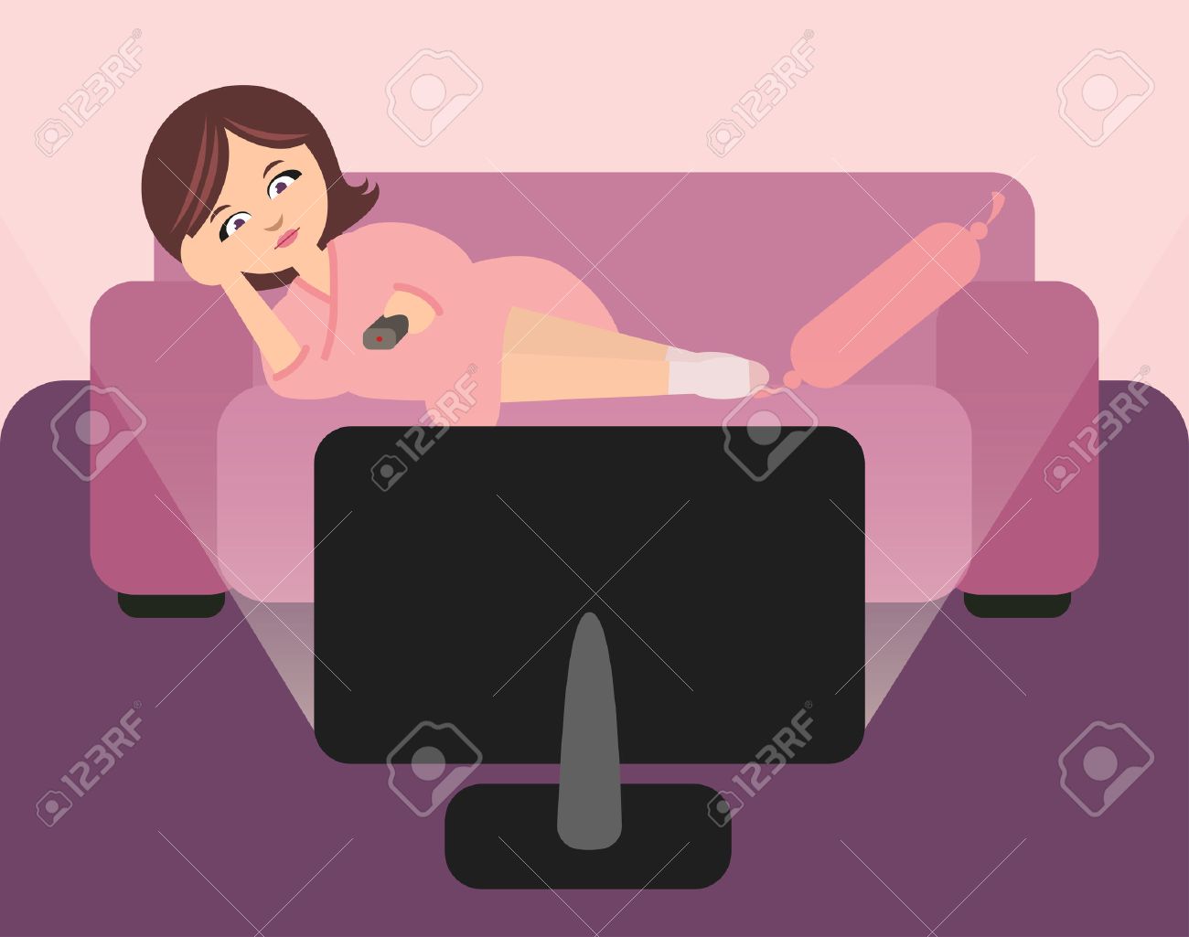 Ménagère Mignon Couché Sur Un Canapé Et Regarder La Télévision. Femme En  Peignoir Avec Télécommande À La Main. Illustration Dans Des Couleurs Rose  Et Violet. Clip Art Libres De Droits, Svg, Vecteurs