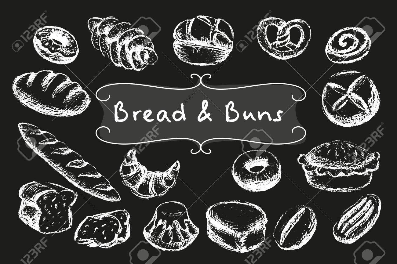 パンとパンのセットをチョークします 暗い背景に白のイラスト のイラスト素材 ベクタ Image