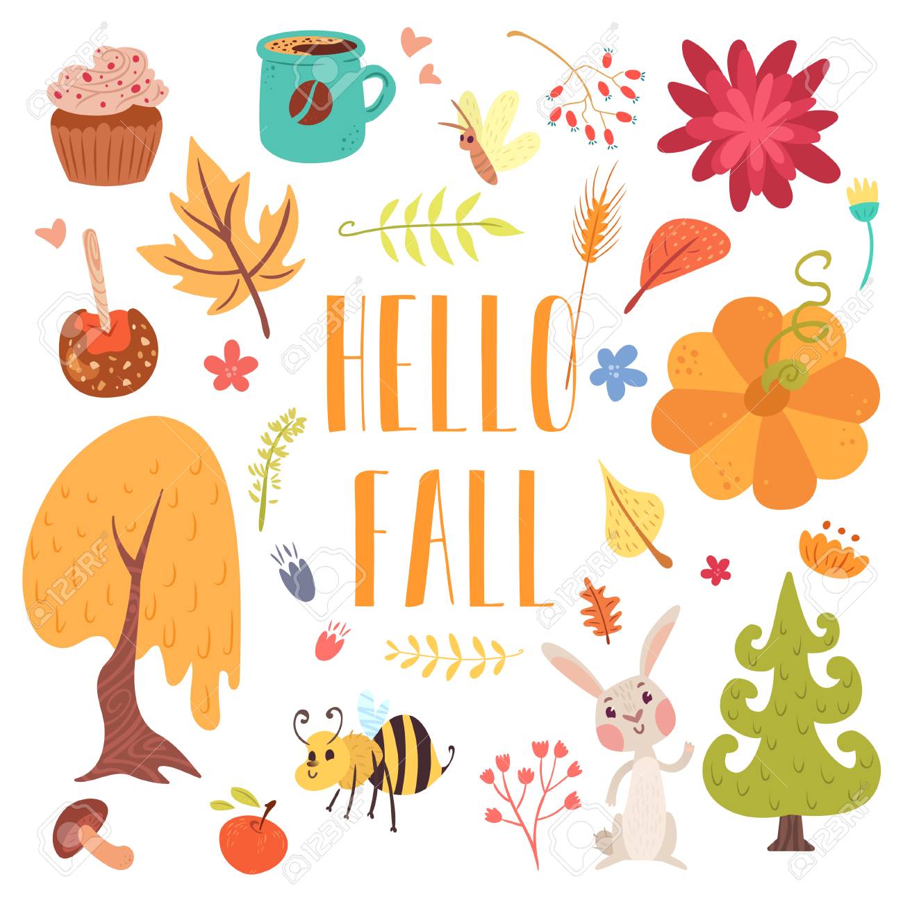 Hello Fall Cute Cartoon Autumn Set Warm Plants And Adorable Royalty Free Cliparts Vectors And Stock Illustration Image 83393265