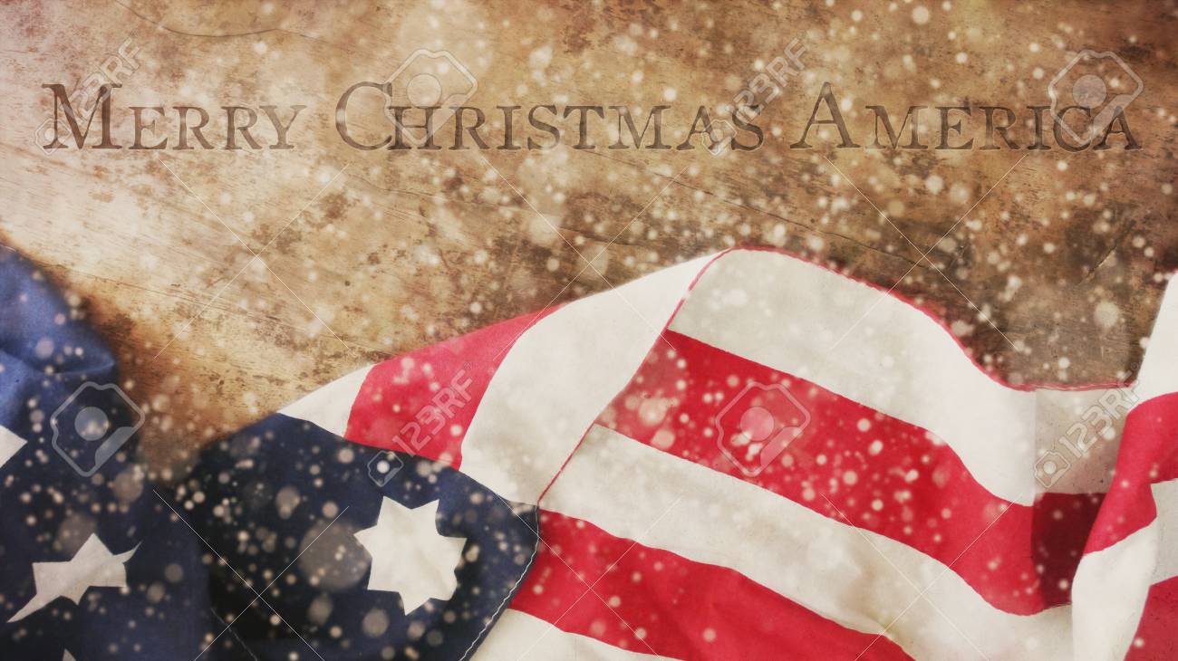 Merry Christmas America. Flag Snow And Wood Stock Photo, Picture And Royalty Free Image. Image 66544019.