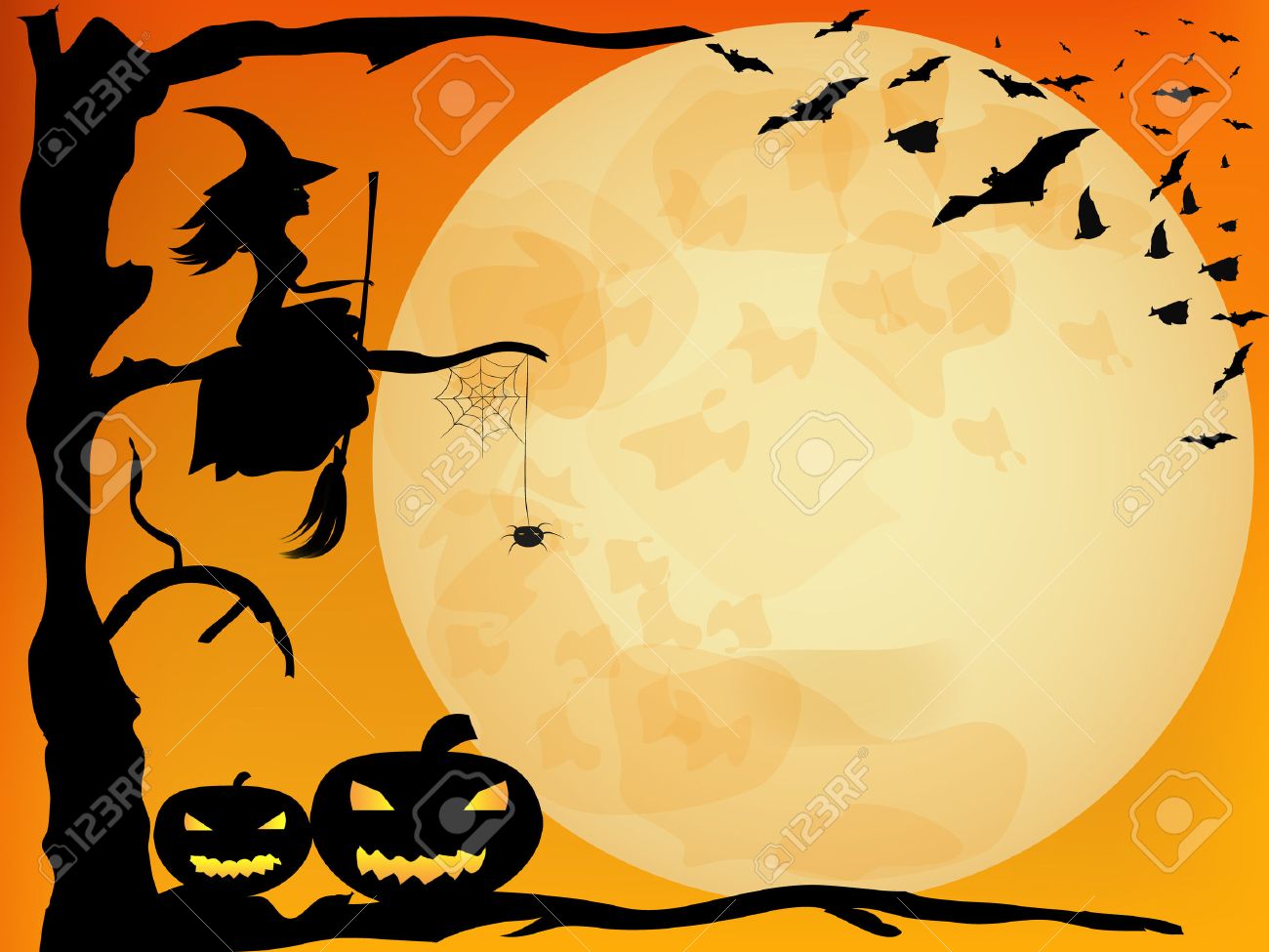halloween design witch pumpkins spider and bats on orange moon background stock vector - Halloween Design halloween design witch pumpkins spider and bats on orange moon background stock vector - Halloween Design