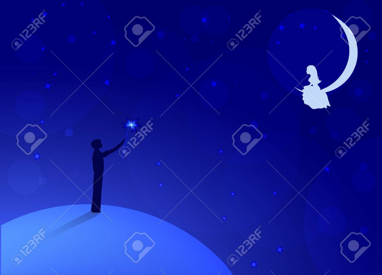 boy with big flower standing on light blue earth and look to