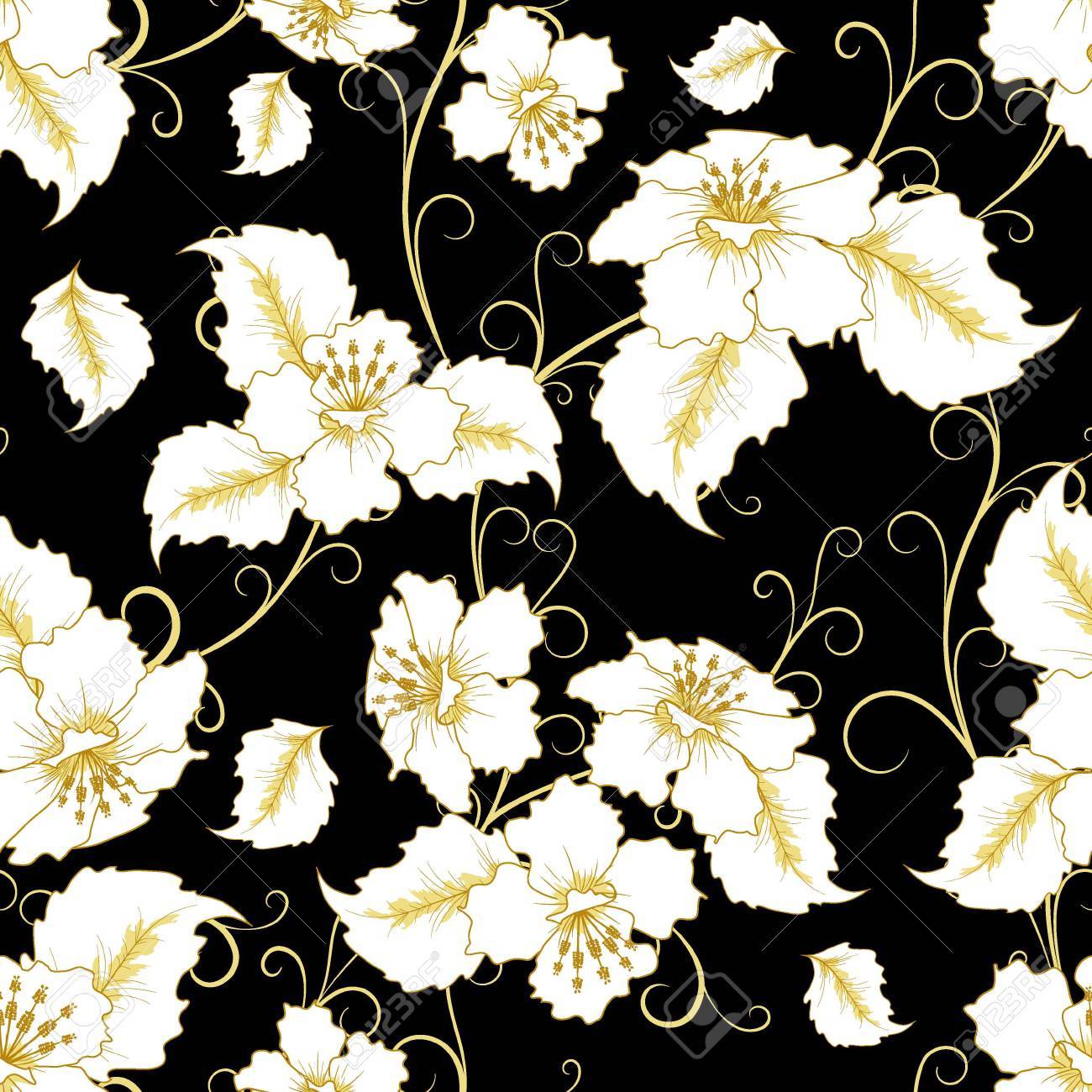 黒い背景にビンテージ スタイルの白と金の花のシームレスなパターンを抽象化 ベクトル イラストのイラスト素材 ベクタ Image 黒い背景にビンテージ スタイルの白と金の花のシームレスなパターンを抽象化 ベクトル イラストのイラスト素材 ベクタ Image