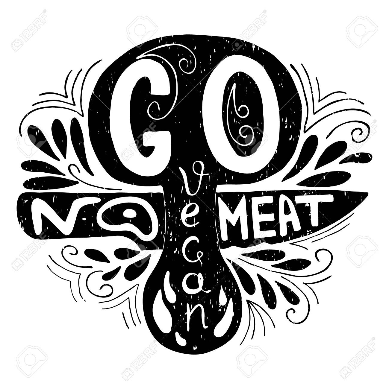 Vegan No 肉を移動します キノコやナイフで活版印刷を印刷します 手は 心に強く訴える環境ポスターを描画します 健康食品のベクトル図です ポスター T シャツ バッジ ラベル 袋 他と同様に レストランやショップの有機食品のメニュー バナー広告を印刷します