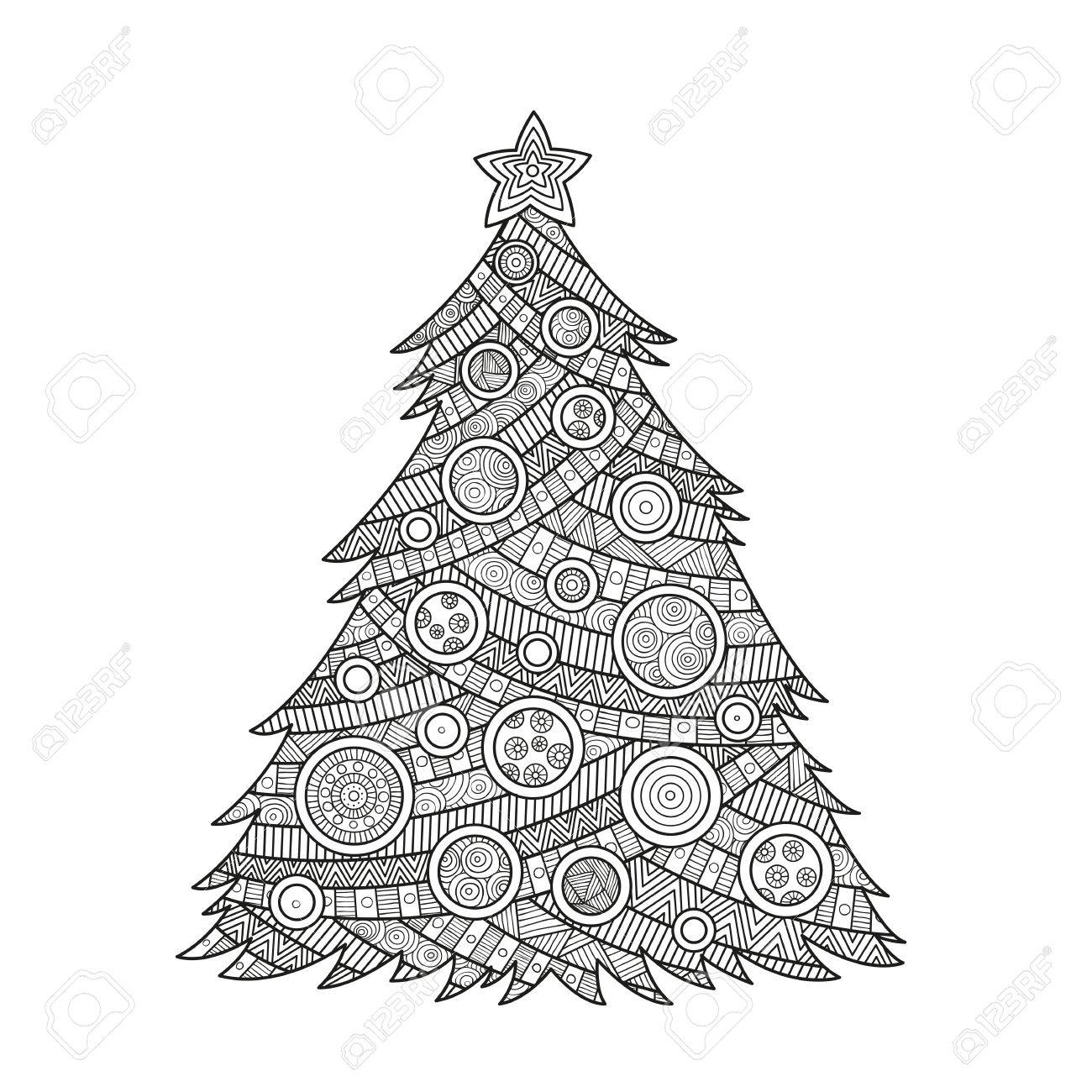 大人クリスマス ツリーのクリスマスのボールと星でインクの着色のためのぬりえイラストです パターンの飾り 新年あけましておめでとうございます 12 月の休日のお祝いメリー クリスマス のイラスト素材 ベクタ Image