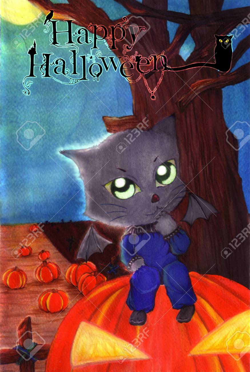 La Peinture A L Aquarelle Les Sorcieres Chat Noir Assis Sur Une Grosse Citrouille Orange Dans Un Cimetiere Sous La Lune A La Nuit D Halloween Et Le Mot De Titre Happy Halloween Pour