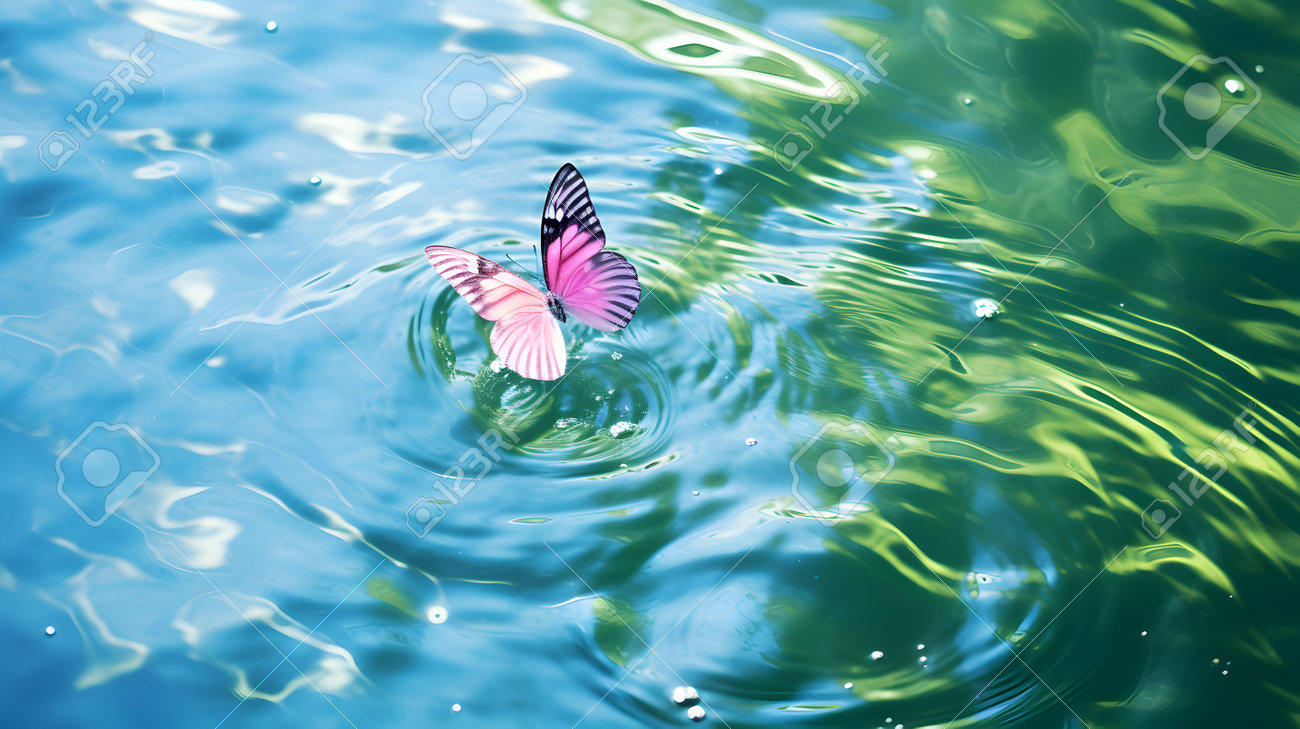 水面にピンク色の蝶 バタフライ効果のコンセプトの写真素材・画像素材