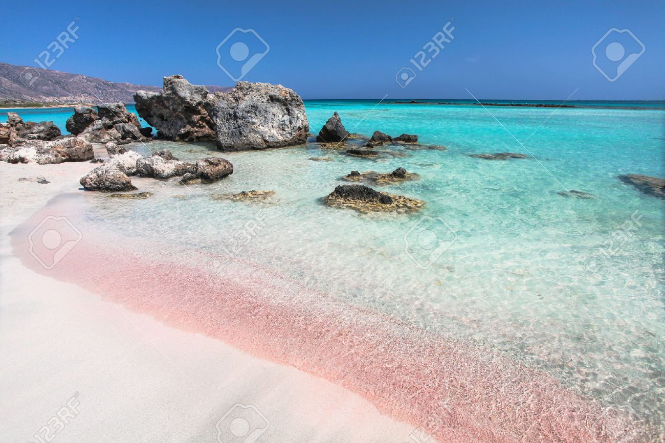 Coast Of Crete Island In Greece Pink Sand Beach Of Famous Elafonisi
