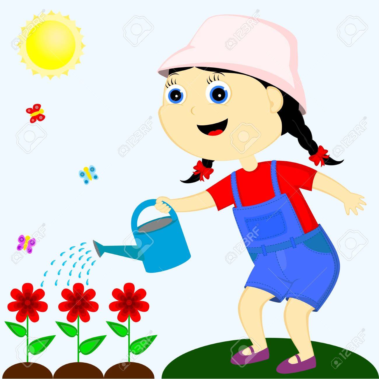 Niña Feliz Día Soleado Regando Flores Rojas Ilustraciones ...
