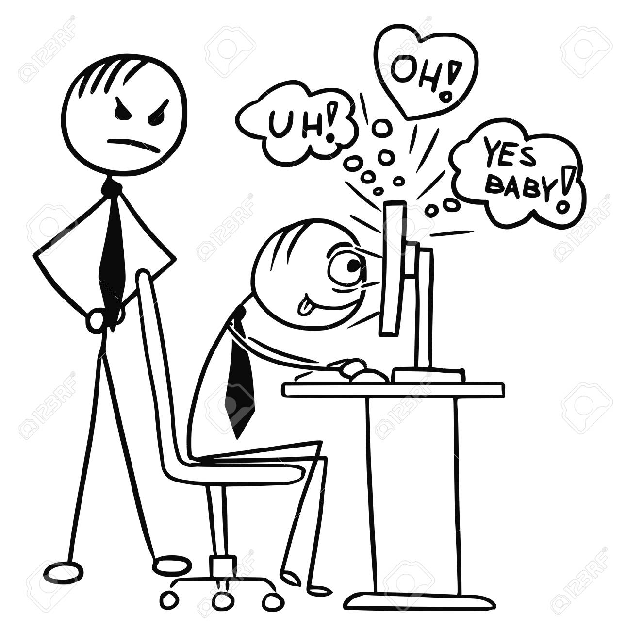 Cartoon Vector Doodle Stickman Regarder Du Porno; Pornographie; Le Contenu  Du Film Vidéo Sexuel Sur Lécran Dordinateur Pendant Le Travail De  Travail, Avec Le Patron Se Tenant Derrière Lui En Colère. Clip