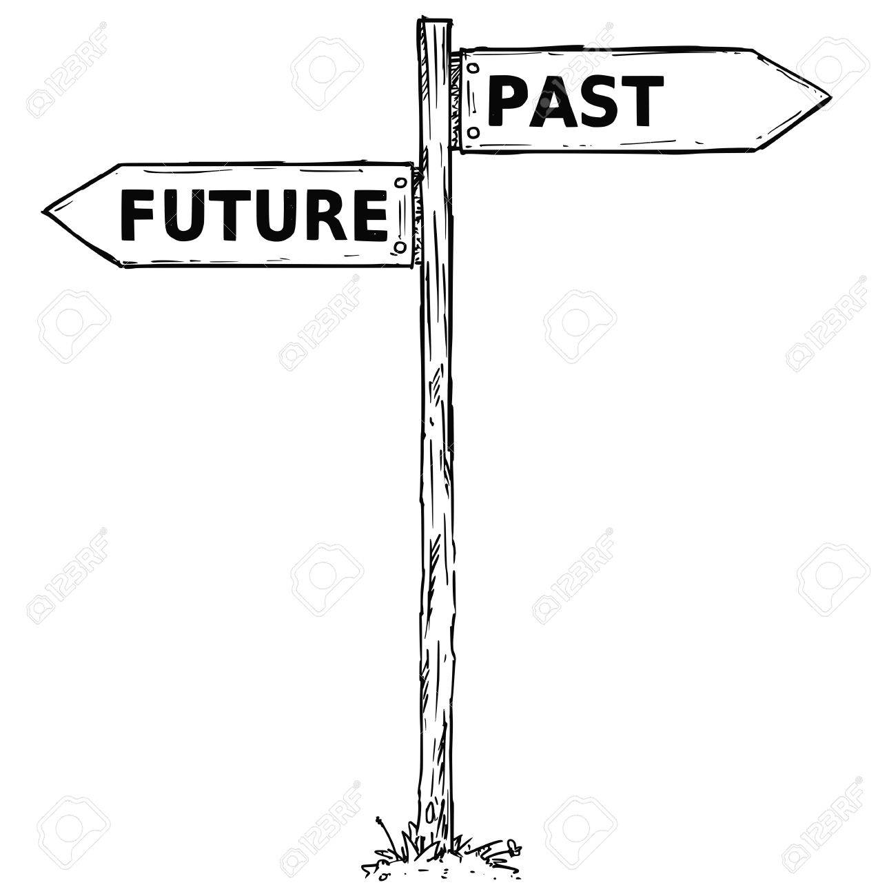 ベクトル漫画過去または未来の意思決定ガイドとして左右を指す 2 つの矢印と手描きクロスロード木製方向標識を落書きのイラスト素材・ベクター Image  79488369