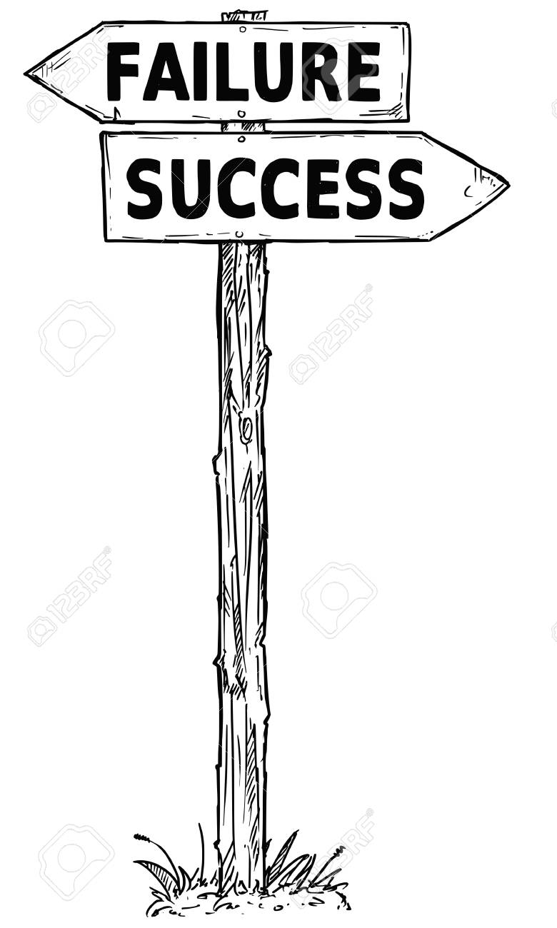 ベクトル漫画が成功または失敗の決定ガイドとして左右を指す 2 つの矢印と手描きクロスロード木製方向標識を落書きのイラスト素材 ベクタ Image