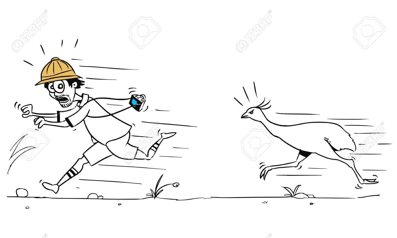 漫画ベクトル男性の観光客は大きなダチョウの鳥彼の追求から逃げてください のイラスト素材 ベクタ Image