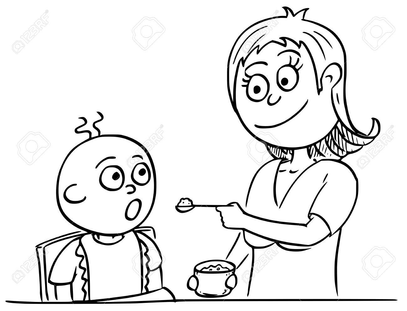 Dessin A La Main Dessin Anime Illustration Vectorielle De Mere Maman Maman Nourrissant Bebe Avec Pap Clip Art Libres De Droits Vecteurs Et Illustration Image 6617