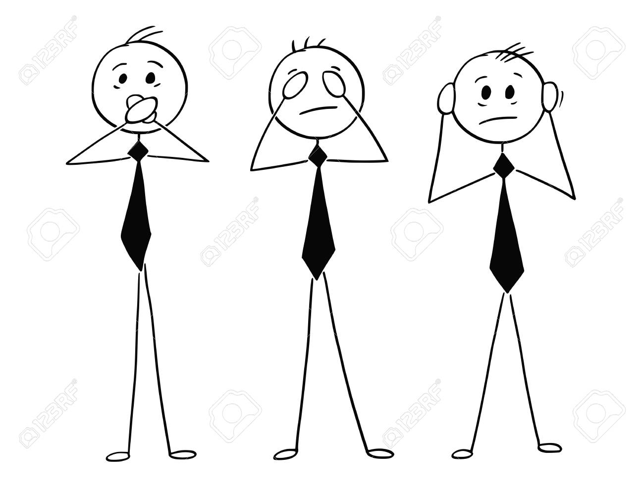 Cartoon stick man drawing conceptual illustration of three businessmen who see no evil, hear no evil and speak no evil. Inspired by three wise monkeys legend. - 93160649 Cartoon stick man drawing conceptual illustration of three businessmen who see no evil, hear no evil and speak no evil. Inspired by three wise monkeys legend. - 93160649