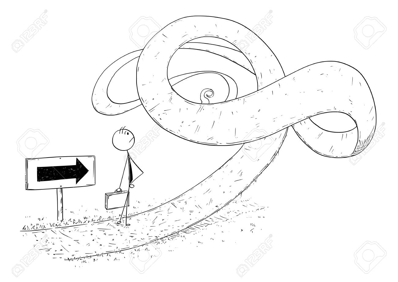 彼の方法で障害や問題に直面しているビジネスマンの概念的なイラストを描く漫画の棒男 危機とキャリアの困難のビジネスコンセプト のイラスト素材 ベクタ Image