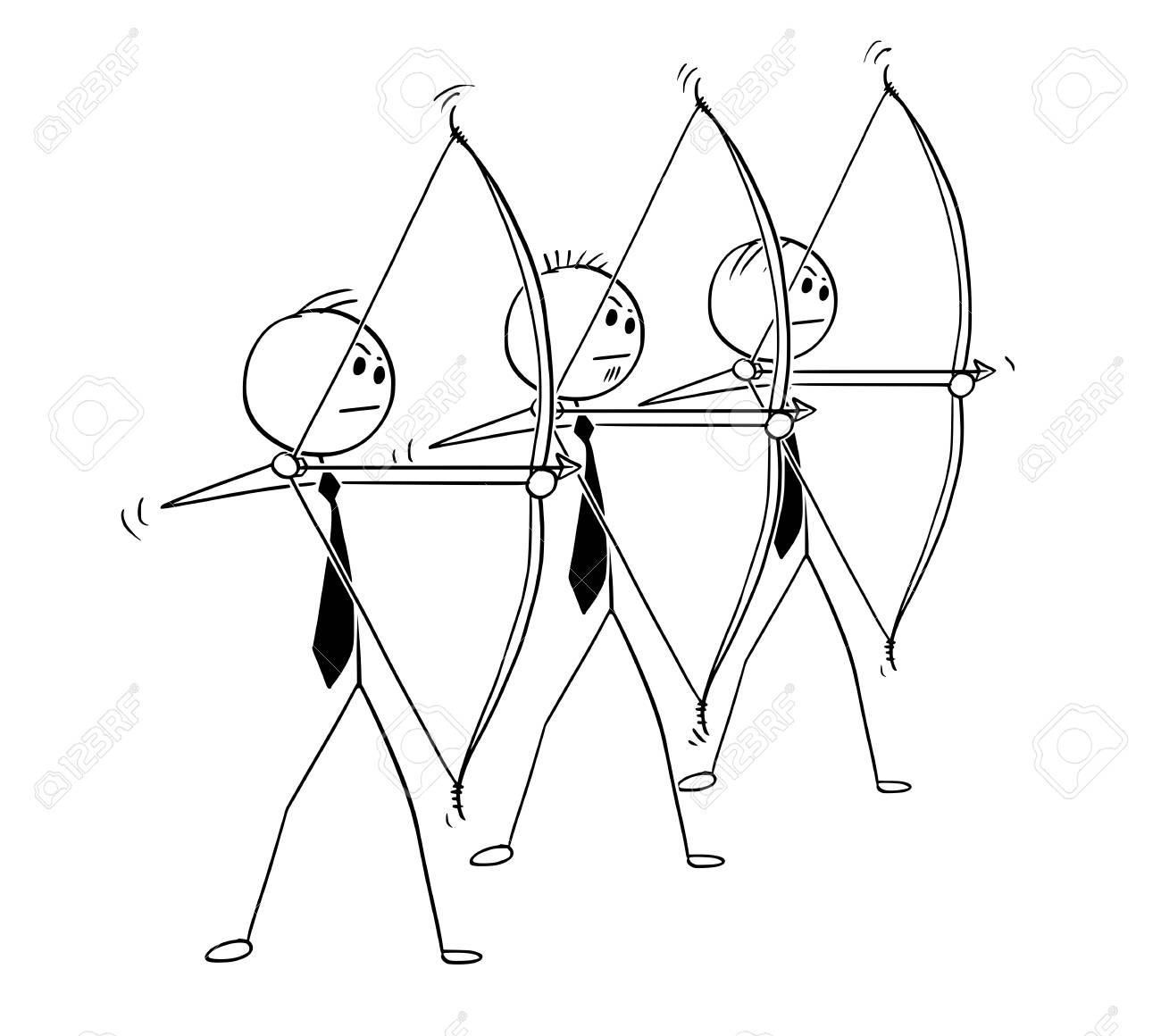 撮影ポーズで弓矢を持つ3人のビジネスマンの概念イラストを描いた漫画スティックマン 競争やチームワークのビジネスコンセプト のイラスト素材 ベクタ Image 9360