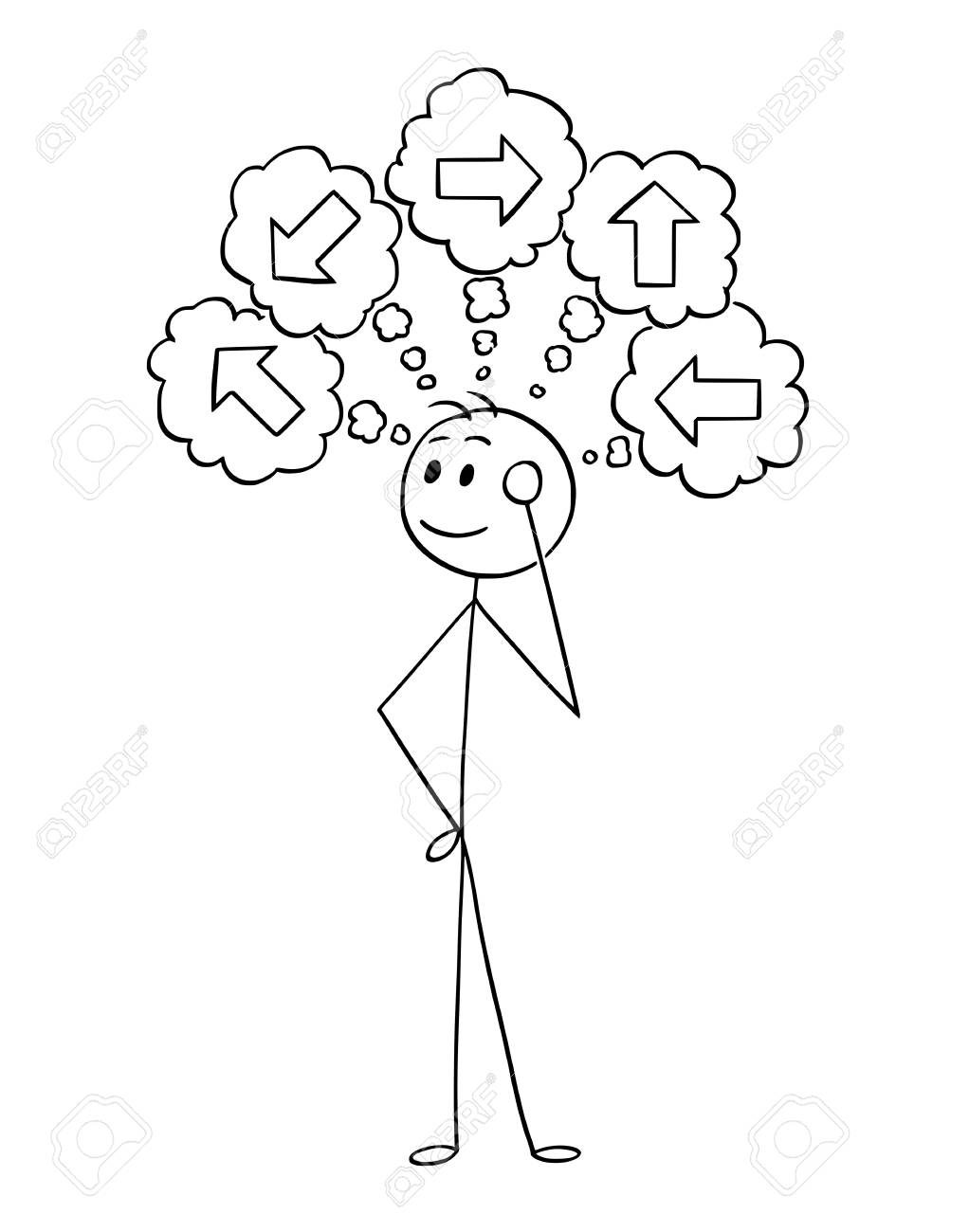 Cartoon stick man drawing conceptual illustration of businessman thinking about what direction to choose. Business concept of decision. - 96115915 Cartoon stick man drawing conceptual illustration of businessman thinking about what direction to choose. Business concept of decision. - 96115915