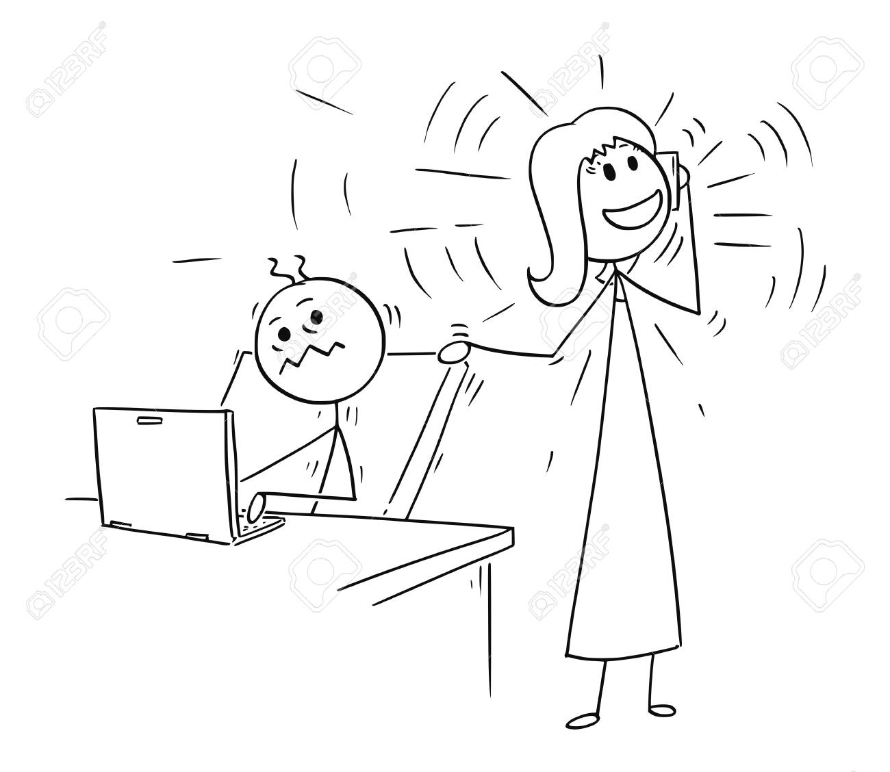 携帯電話通話仲間に邪魔されたビジネスマンやサラリーマンの概念図を描く漫画スティックマンのイラスト素材 ベクタ Image