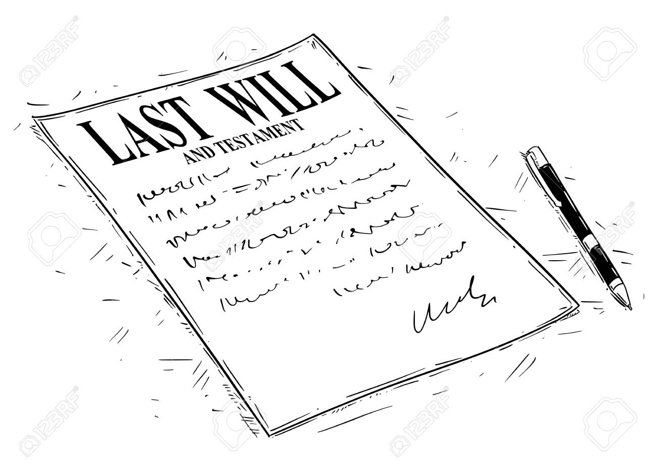 Vector artistic ink drawing illustration of pen and last will and testament document to sign. - 101047796 Vector artistic ink drawing illustration of pen and last will and testament document to sign. - 101047796