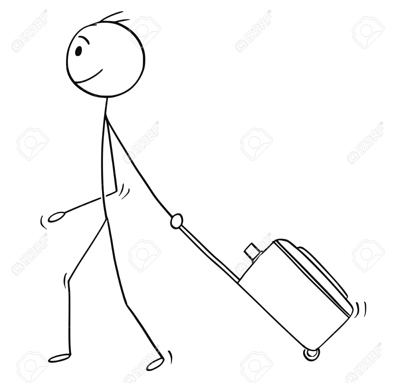 Cartoon stick man drawing conceptual illustration of man or male tourist with wheeled luggage or case going on holiday or vacation. - 102414809 Cartoon stick man drawing conceptual illustration of man or male tourist with wheeled luggage or case going on holiday or vacation. - 102414809