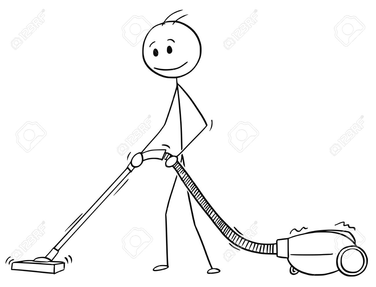 Cartoon Stick Drawing Conceptual Illustration Of Man Cleaning Floor Or Carpet With Vacuum Cleaner Hoover