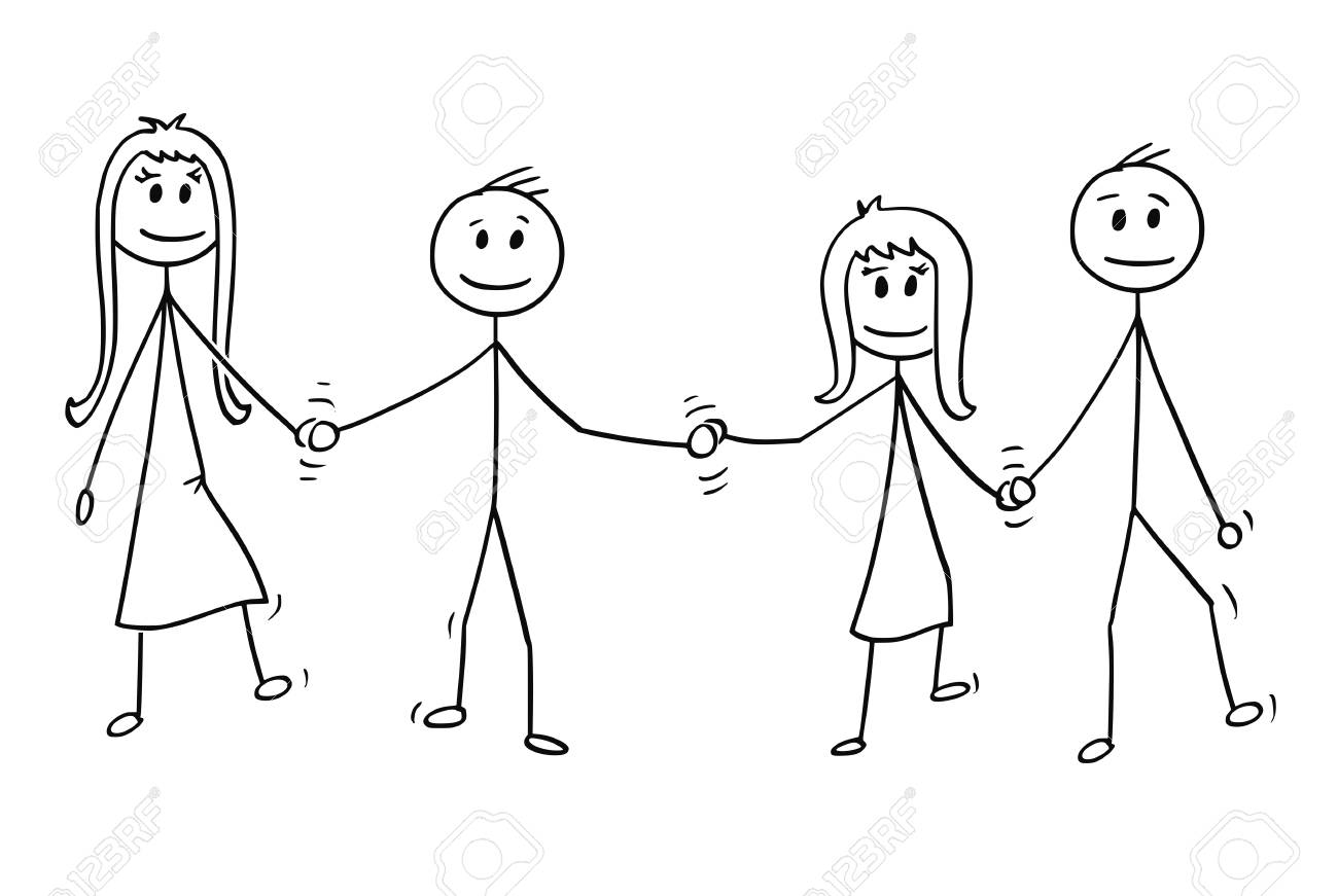 Cartoon Stick Drawing Illustration Of Four Children, Two Boys And Girls,  Walking Together While Holding Hands. Royalty Free SVG, Cliparts, Vectors,  and Stock Illustration. Image 110691096., image size:1300x871