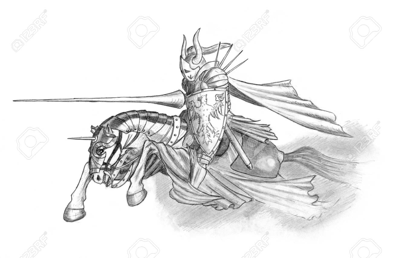 black and white cartoon knight on horse