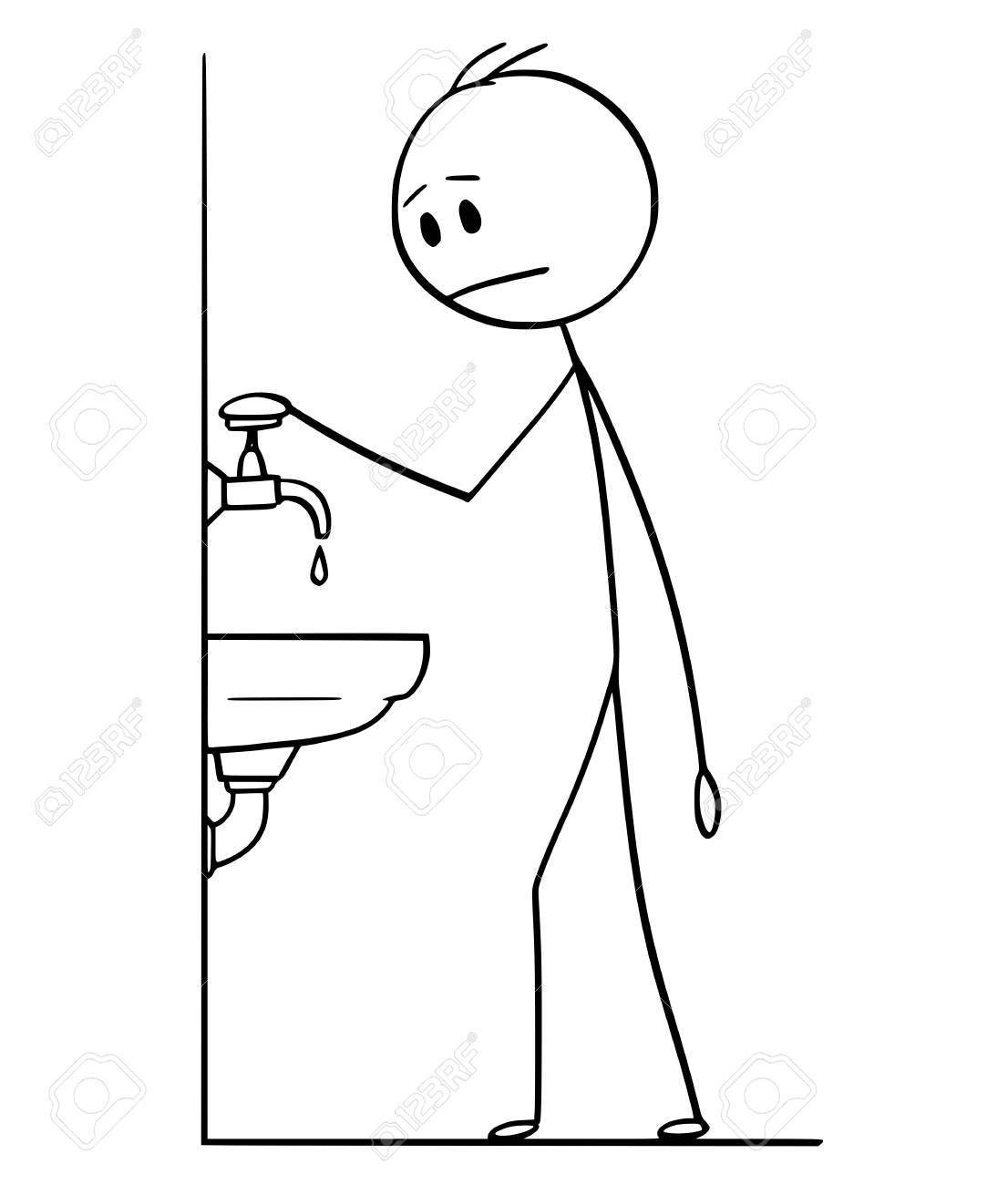 Cartoon Stick Drawing Conceptual Illustration Of Man With Hand On Old Or Retro Faucet Or Tap With Water Dripping In Lavatory. Water Saving Or Shortage Concept. Royalty Free SVG, Cliparts, Vectors, And Cartoon Stick Drawing Conceptual Illustration Of Man With Hand On Old Or Retro Faucet Or Tap With Water Dripping In Lavatory. Water Saving Or Shortage Concept. Royalty Free SVG, Cliparts, Vectors, And