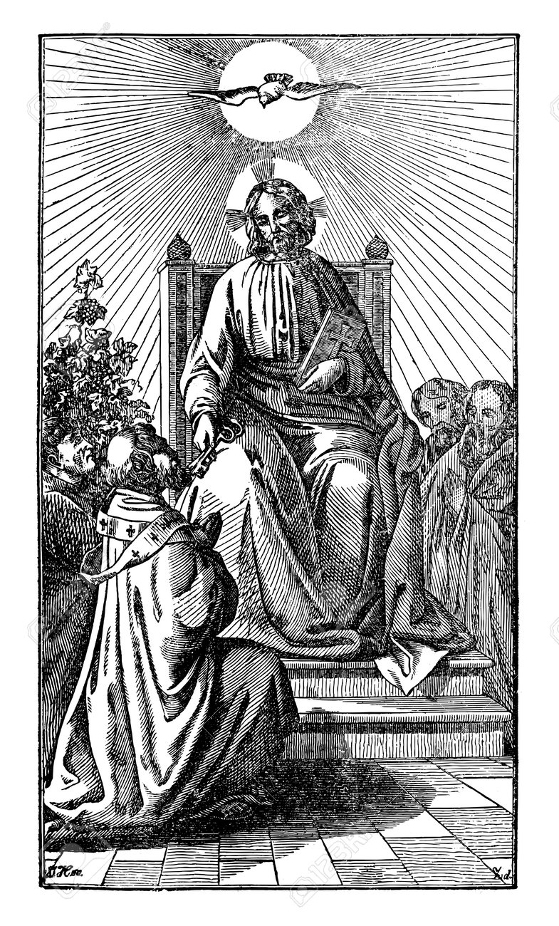 王座に座るイエス・キリストは、聖ペテロに天国の門の鍵を与えています