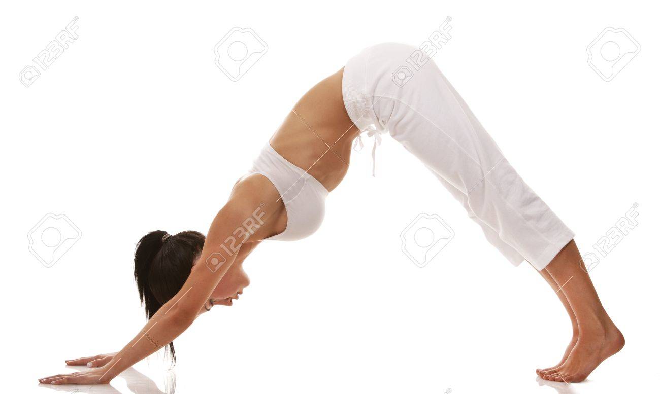 pretty brunette is exercising yoga on white background - 19187372 pretty brunette is exercising yoga on white background - 19187372