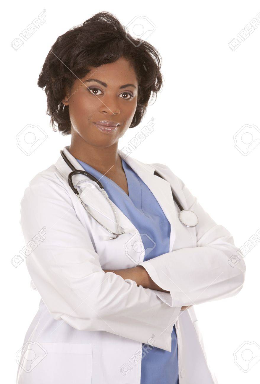 black doctor wearing scrubs and lab coat on white isolated background - 19564130 black doctor wearing scrubs and lab coat on white isolated background - 19564130