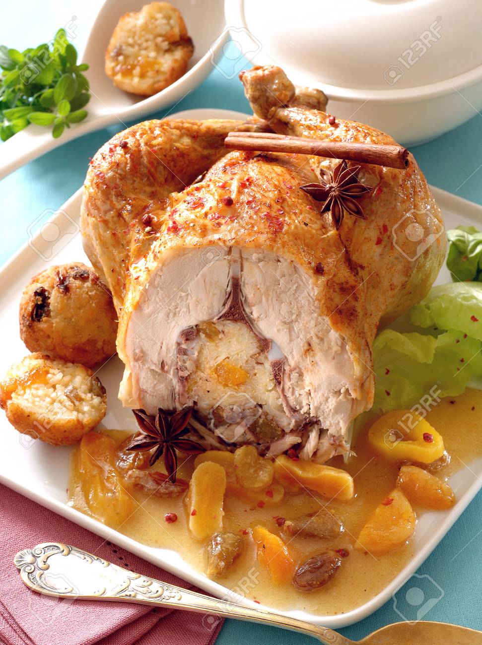 Roasted Chicken Stuffed With Rice And Dried Fruits Stock Photo Picture And Royalty Free Image Image 96034354