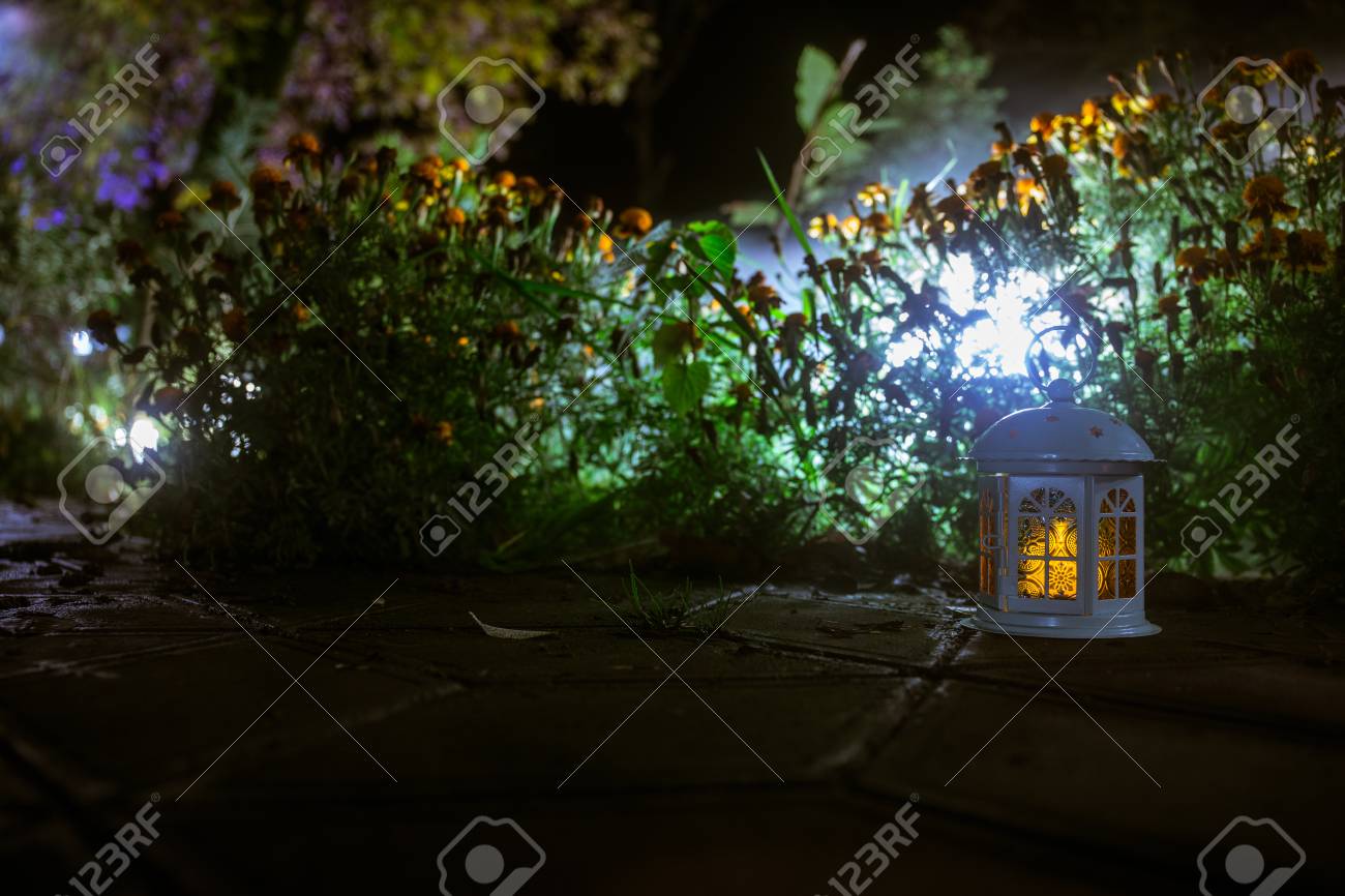 Retro Style Lantern At Night Beautiful Colorful Illuminated