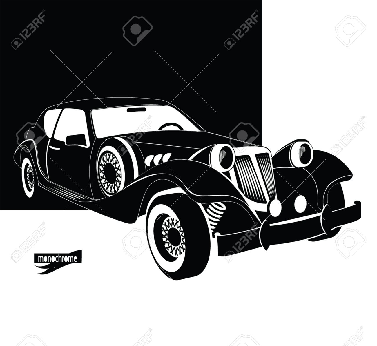 Auto Vintage And Luxury Retro Black Car Out Of The Darkness Garage Monochrome Style For Design Signboard Poster Print Event Card Vintage Cars Car Rental And Service Sign Royalty Free Cliparts Vectors
