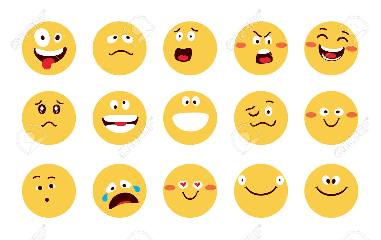 Emojis Character Vector Set Design. Emoji Flat In Yellow Faces With Happy,  Funny And Angry Facial Expressions For Cartoon Emoticon Reaction  Collection. Vector Illustration. Royalty Free SVG, Cliparts, Vectors, and  Stock Illustration., image size:1300x819