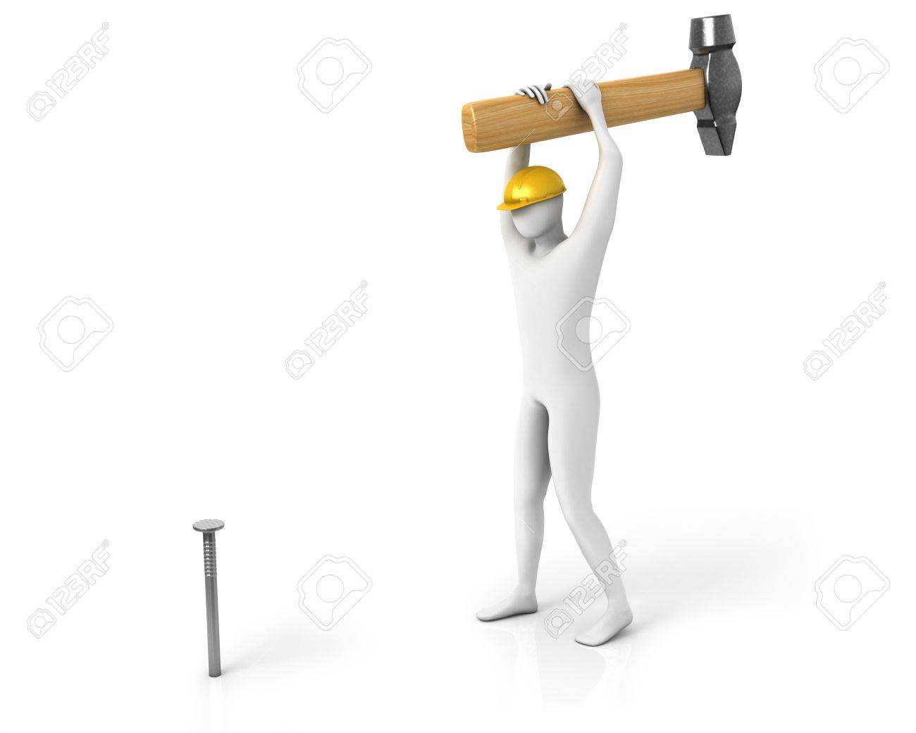 man with huge hamer hits the nail isolated on white background stock