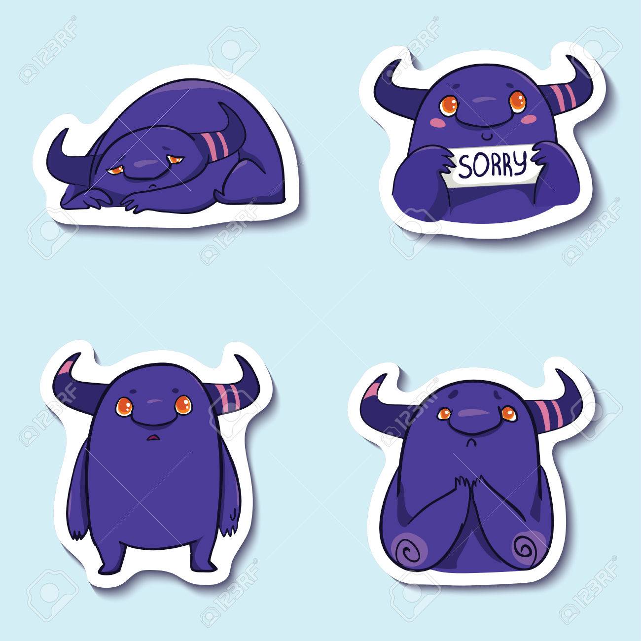 ベクトル ステッカーかわいいモンスターと設定 悲しいモンスター それは私のせいです たいへんすみません のイラスト素材 ベクタ Image