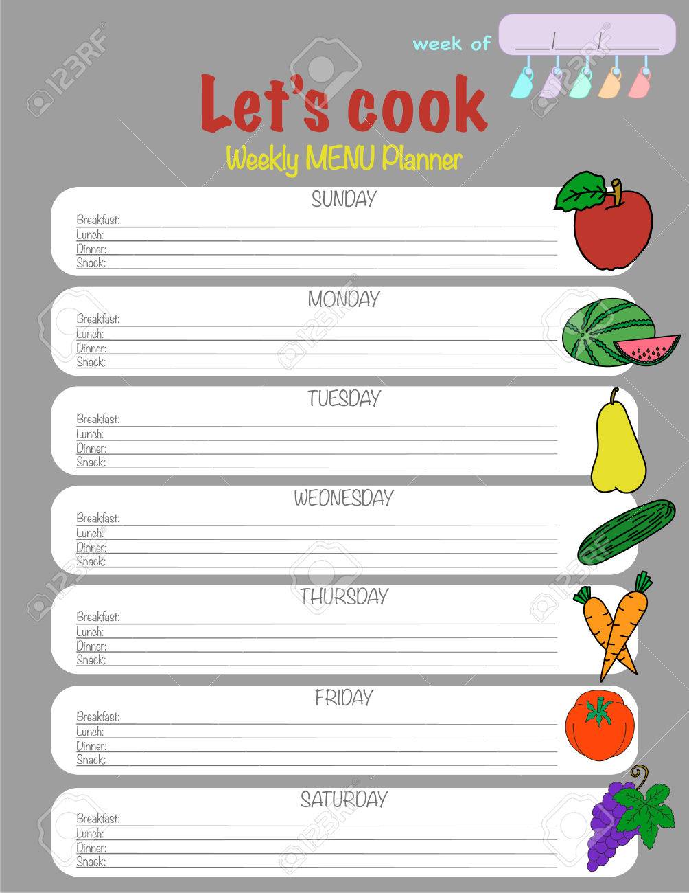 weekly planner vector menu template with fruits and vegetables menu weekly planner