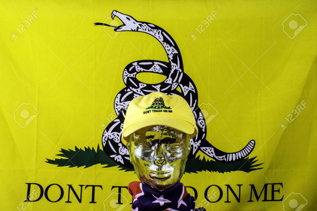 glass head wearing yellow baseball hat and gadsden flag stock photo